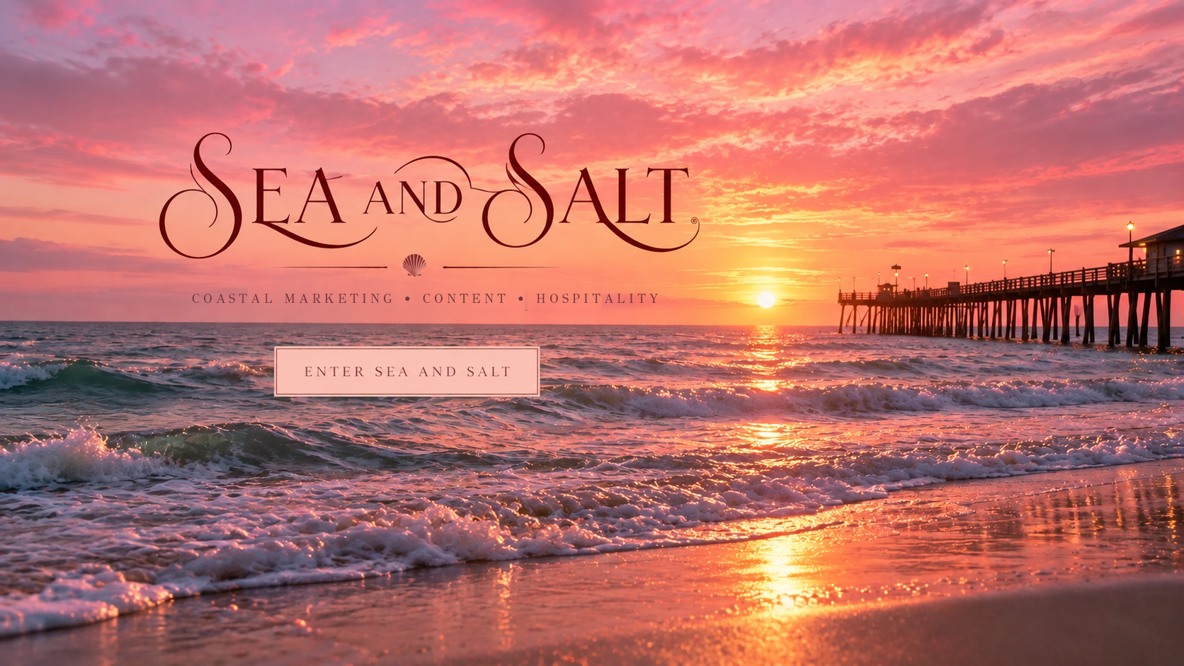Sea and Salt original chosen sunset artwork with pier and entrance button